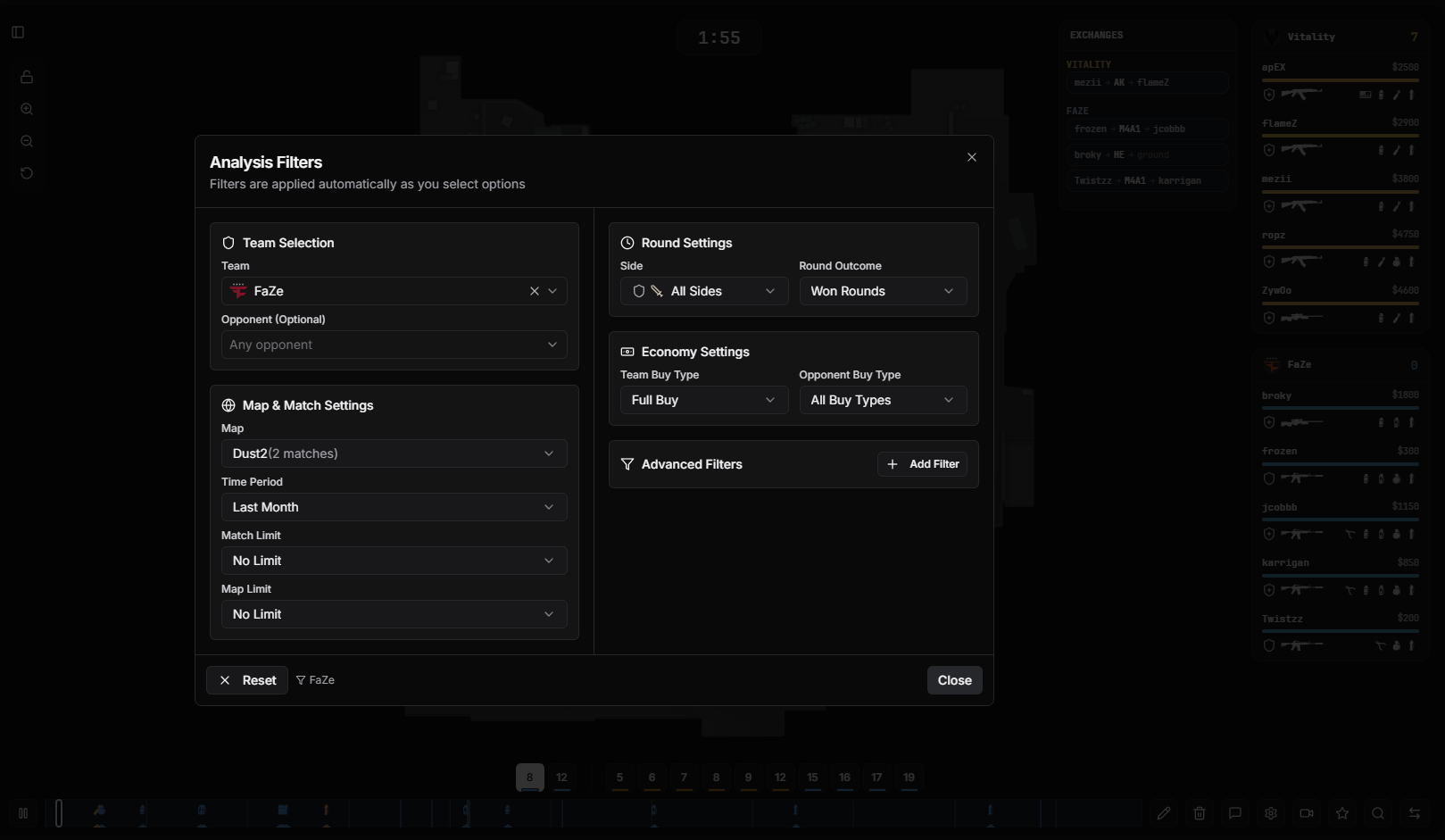 Panneau de configuration des filtres avancés