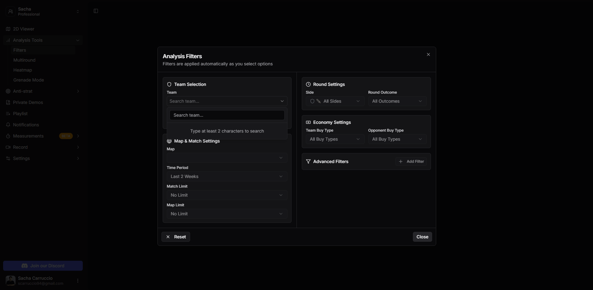 Panneau de configuration des filtres de base