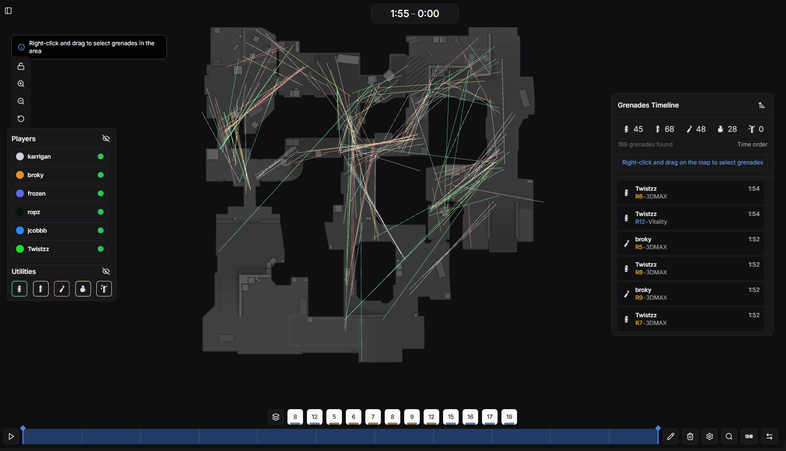 Panneau de contrôle des grenades avec options de filtrage