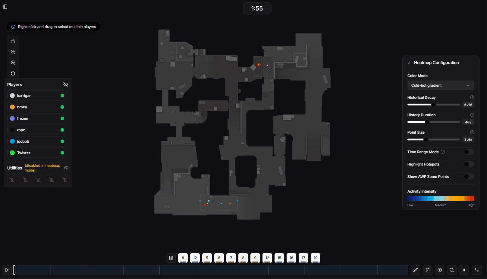 Panneau de sélection des joueurs pour la visibilité de la carte de chaleur