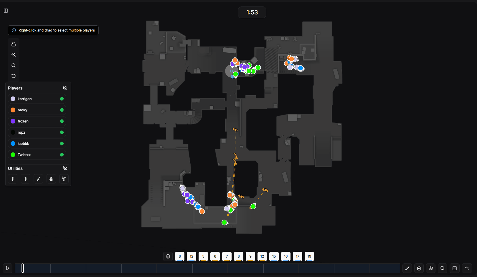 Panneau de sélection des joueurs affichant les contrôles de visibilité